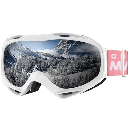 OutdoorMaster Premium Skibrille, Snowboardbrille Schneebrille OTG 100% UV-Schutz, helmkompatible Ski Goggles für Damen&Herren/Jungen&Mädchen(Weißer Rahmen + VLT 10,2% graue Gläser)