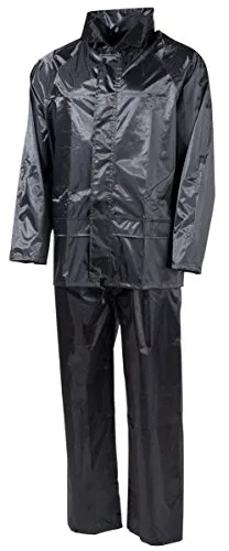 MFH Wetterfester 2-teiliger Regenanzug in Schwarz XXXL - Praktischer 2-teiliger Regenanzug in Größe XXXL, ideal für Outdoor-Aktivitäten. Mit verstellbarer Kapuze, Belüftung und komfortablem Schnitt für optimalen Schutz bei jedem Wetter.