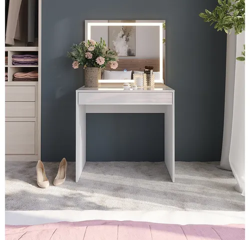 Vicco Schminktisch Sherry, Weiß/Weiß Hochglanz, 81.4 cm mit LED-Spiegel