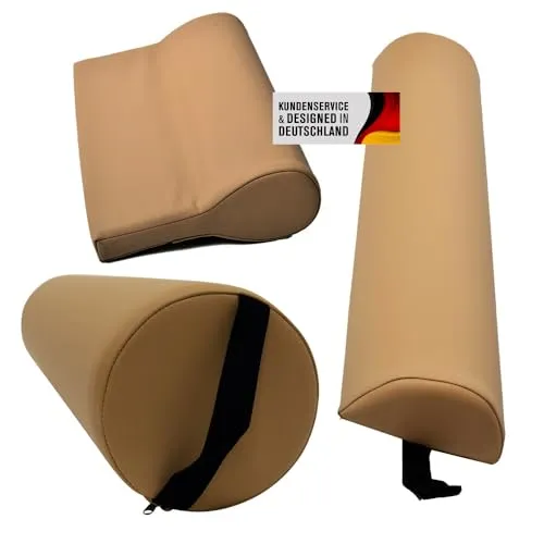 Promafit Massagezubehör Set 3 bestehend aus 1x Vollrolle Knierolle mit Griff 1x Lagerungsrolle Halbrolle und 1x Nackenkissen Kopfstütze für die Massageliege wasserabweisend (Mokka Beige)