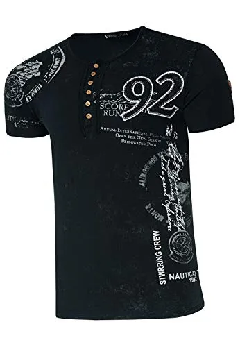 Rusty Neal Herren T-Shirt Rundhals Knopfleiste Tee Shirt Kurzarm Regular Fit Stretch 100% Baumwolle S M L XL XXL 3XL 241, Farbe:Schwarz, Größe:2XL