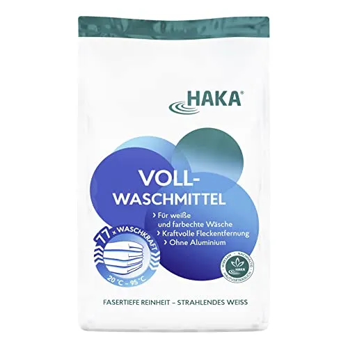 HAKA Vollwaschmittel Pulver, 77 Waschgänge - Waschmittel für weiß und bunt, haut- und umweltfreundlich. Mit kraftvollem 5-Enzyme-System für strahlend saubere Wäsche bei minimaler Dosierung.