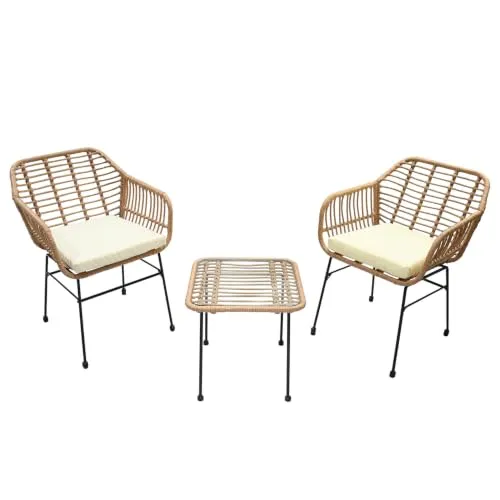 home24 Balkonset 3-teilig Beige/Schwarz mit Polyrattan-Geflecht