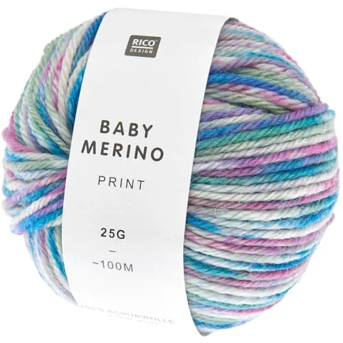 Rico Design Baby Merino Print Babywolle, 25g, 100m, Nadel 4.0, 100% Schurwolle, für Pullover Gr. 74/80 waschbar bei 30°C im Schonwaschgang Pfau