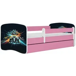 Raumhirsch Kinderbett Ethnie in Rosa, 80x160 cm - Modernes Kinderbett mit abnehmbarer Schutzschiene und geräumiger Schublade für Stauraum. Enthält Lattenrost und waschbare Matratze – ideal für ein sicheres und stilvolles Kinderzimmer!