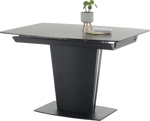 SERGIO Ausziehbarer Esstisch in Dunkelbraun und Schwarz - Esszimmertisch mit ausziehbarer Mittelplatte, ideal für flexible Gestaltung und zusätzlichen Platz für Gäste. Hochwertige Materialien wie Sicherheitsglas und Keramik garantieren Langlebigkeit.