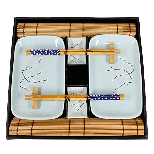 Exzact 10-teiliges Sushi-Set – 2 x Sushi-Teller, 2 x Dip-Schalen, 2 x Bambus-Tischsets, 2 x Bambus-Essstäbchen, 2 Paar Essstäbchen – hochwertiges Porzellan