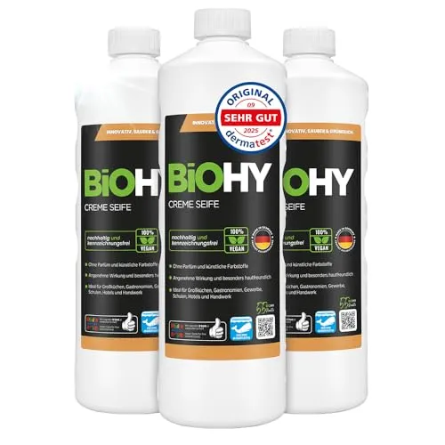 BiOHY Creme Seife (3 x 1 Liter) | Hautschonende Handseife - Handseifen (Großmengen) mit rückfettenden und geruchsneutralen Eigenschaften, ideal für empfindliche Haut und auch für das Gesicht geeignet.