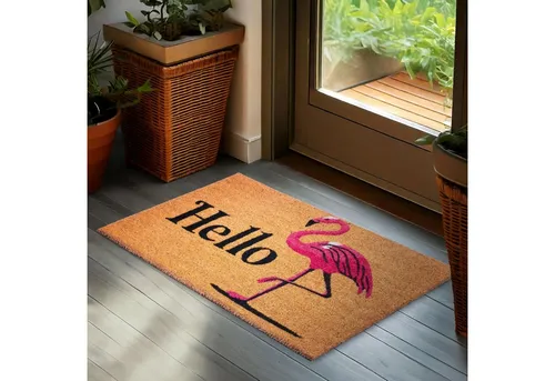 BRUBAKER Fußmatte 45 x 75 cm - Hello Flamingo - Schmutzfangmatte - Braun und Pink, Rechteckig, Höhe: 15 mm, Fußmatte für Außen und Innen - Wetterfest und Rutschfest