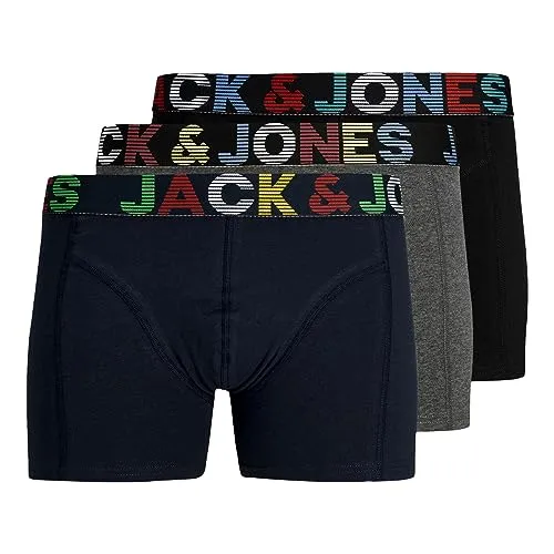 JACK & JONES Herren Boxershorts Trunks 3er Pack, Mehrfarbig - Herren-Boxershorts mit anatomisch korrekter H-Form für maximalen Tragekomfort. Der weiche Baumwoll-Stretch und der breite Bund sorgen für perfekten Sitz und Flexibilität.