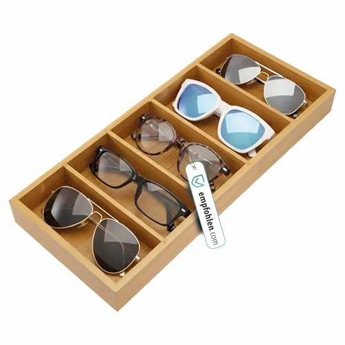 Bambus Organizer 40x17x4 cm Brillen Office Organizer mit 5 Fächer; Schubladen Einsatz für Schmuck, Uhren, Stifte Kabel, Büroartikel uvm. Nachhaltiges Bambus Holz