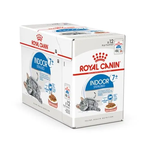 Royal Canin Indoor Sterilised 7+ | 12 x 85 g | Alleinfuttermittel für Wohnungskatzen ab dem 7. Lebensjahr | Für sterilisierte Katzen die im Haus Leben | Häppchen in Gelee