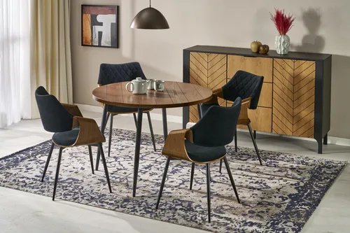 Design Esstisch rund HBA-111 Nussbaum - Schwarz, vielseitiger Küchentisch - Wohnzimmertische: Flexibler runder Esstisch mit 105 cm Durchmesser, ideal für bis zu 6 Personen, stilvolles Design und einfache Pflege für jedes Zuhause.