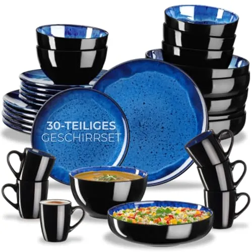 tectake® 30tlg. Kombiservice 6 Personen, Steingut Geschirrset 6 Personen, handgefertigtes Teller Set mit Schüsseln und Tassen, Geschirr Set spülmaschinen- und mikrowellengeeignet - Nautic Blue