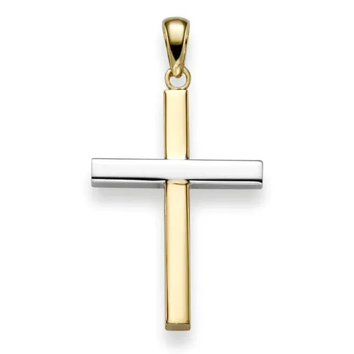 Anhänger Kreuz 30x16,5mm aus 585 Gold Gelbgold & Weißgold bicolor, Goldanhänger