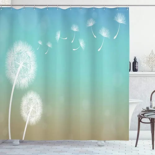 ABAKUHAUS Löwenzahn Duschvorhang, Blowball auf Wind, Stoffliches Gewebe Badezimmerdekorationsset mit Haken, 175 x 180 cm, Turquoise Tan Weiß