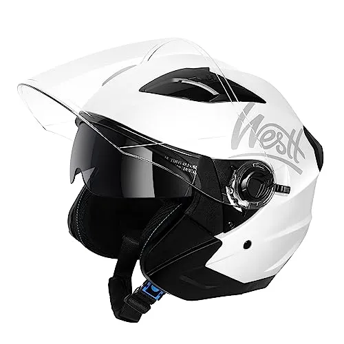Westt Jethelm mit Visier und Sonnenblende Motorradhelm Herren Damen Rollerhelm Mopedhelm Mofa Chopper Helm Motorrad Halbhelm Open-Face-Helm Pilotenhelm ECE DOT Zertifiziert
