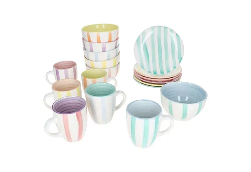 MamboCat Frühstücks-Geschirrset Beach Pastello Stripes 18tlg - Farbenfrohes 18-teiliges Frühstücksset aus robustem Steingut für 6 Personen, spülmaschinen- und mikrowellengeeignet, mit einzigartigem Pastellstreifen-Design für eine sommerliche Tischdekoration.