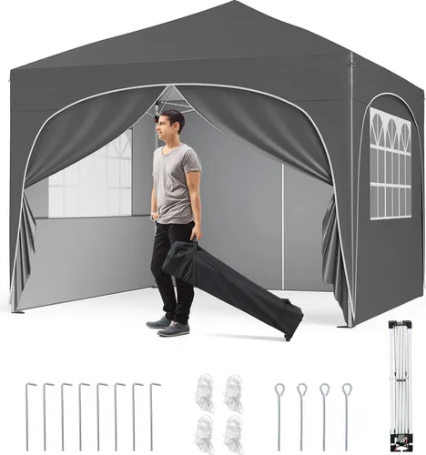 COSTWAY 3x3m Pavillon, Gartenzelt mit 4 abnehmbaren Seitenwänden, Tasche, Heringe, Anker, Windseile & Sandsäcke, Gartenpavillon Festzelt Grau