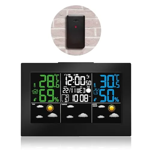 FISHTEC Wetterstation LCD mit kabellosem Außensensor – Wettervorhersage & Frostwarnung