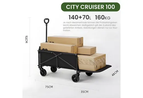 Faltbarer Bollerwagen 210L+ – 160 kg Tragkraft für Outdoor - Robuster Bollerwagen mit 210 Litern Ladevolumen, ideal für Camping und Strand. Geländereifen und wasserdichter Stoff sorgen für hohe Stabilität und Langlebigkeit. Kompakt faltbar für einfachen Transport.