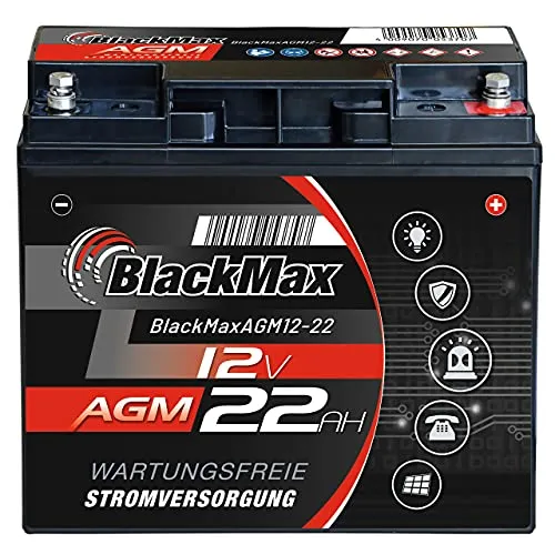 BlackMax AGM Bleiakku 12V 22Ah - Akkus für Solar, Alarmanlagen und USV. Wartungsfreier Betrieb mit AGM-Longlife Technologie für hohe Leistung und Robustheit.