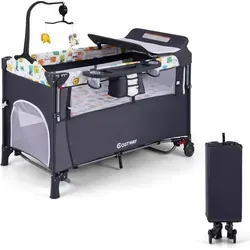 COSTWAY 5-in-1-Babybett mit Wickeltisch, 2 Ebene Babyreisebett mit 3 Spielzeug & Musikbox & Aufbewahrungstasche, 4-stufig verstellbares Beistellbet... - Grau