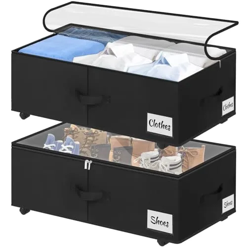 Unterbettkommode mit Rollen 360°Drehung, 2 Stück XXL 75L Unterbett Aufbewahrungsbox mit Transparentem Deckel, Schnelle Montage Bettkasten Aufbewahrung für Bettdecken Kleidung, Schuhe & Decken,Schwarz