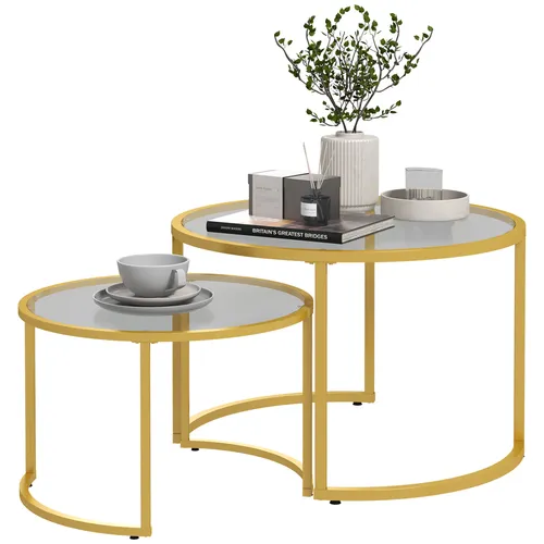 HOMCOM Set aus 2 runden, ineinander steckbaren Couchtischen, 70/54 cm Platte aus gehärtetem Glas und Beinen aus Kohlenstoffstahl, modernes Golddesign