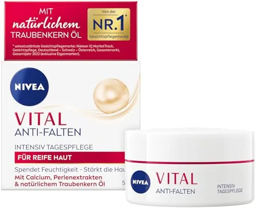 NIVEA VITAL Anti-Falten Intensiv Tagespflege für reife Haut - Nachtpflege für reife Haut, stärkt sichtbar die Haut und mildert Falten mit einer effektiven Formel aus Calcium und Traubenkernöl für intensive Feuchtigkeit.