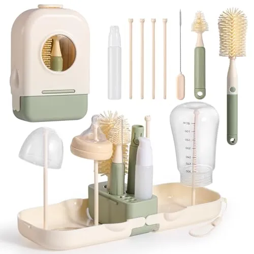 Diboniur Set Flaschenbürsten Baby aus Silikon 7 in 1 | Bürsten für Flasche, Sauger und Strohhalm, Bürstenhalter, Abtropfständer, Spender und Box, für Zuhause und Reisen