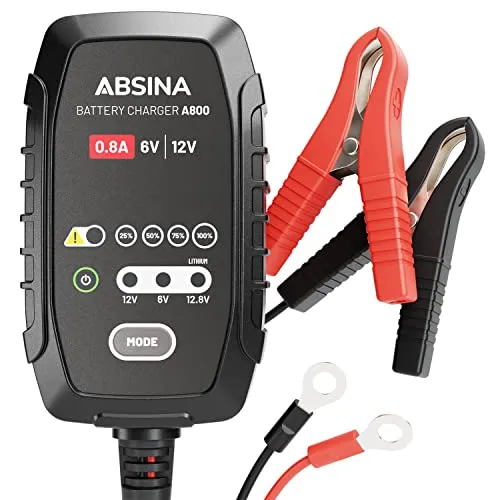 ABSINA vollautomatisches Batterieladegerät für Motorrad - 6V & 12V - Batterieladegeräte & Anlasser - Ideal für die Überwinterung, schützt vor Überladung und reaktiviert tiefentladene Batterien. IP65-zertifiziert für sicheres Laden auch bei Regen.