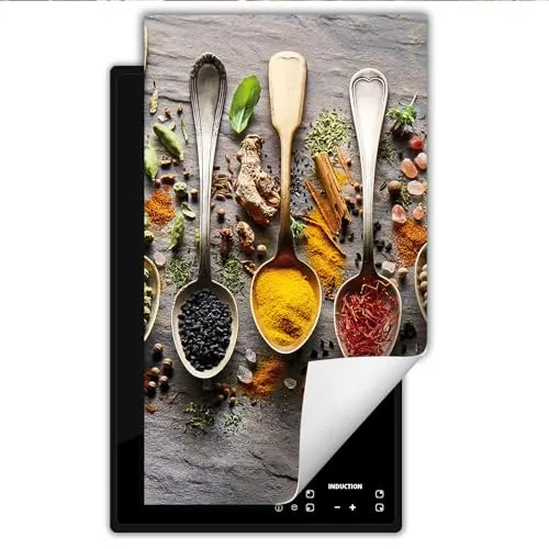 DarHaus Herdabdeckplatte 1 teilig 30x52 cm Küche Herdabdeckung Ceranfeld Herdabdeckplatten Anti Rutsch Matte Aufrollbar, Gewürze - Löffel