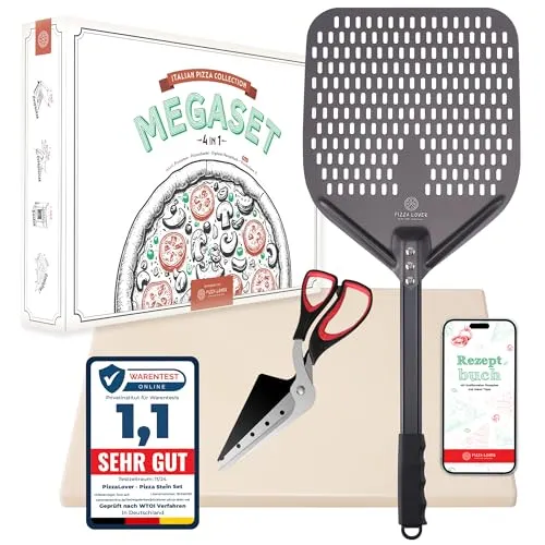 Pizza Lover Premium Pizzastein-Set – 4in1 für Backofen & Grill - Vielseitiges Pizzastein-Set mit hitzebeständigem Cordierit bis 800°C, inkl. perforiertem Pizzaschieber und Schere für perfekten Pizzagenuss – ideal für Backofen und Grill.