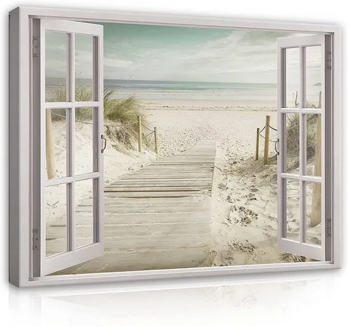 Bilder Fensterblick Meer Strand - XXL Leinwandbild 80x60 cm - Poster & Kunstdrucke – Fotorealistisches Leinwandbild mit lebendigen Farben, ideal für Wohnzimmer oder Schlafzimmer, sofort aufhängfertig und UV-beständig für langanhaltende Freude.