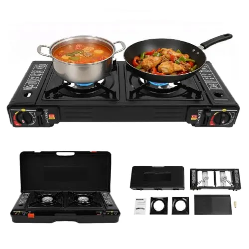 Campingkocher, Gaskocher 2-flammig Tragbar 5 kW mit Piezozündung und Grillplatte, Schmutzabweisende Beschichtung, Gas Stove Tischgerät für Outdoor, Balkon & Indoor