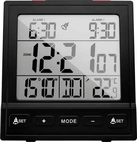 Mebus 25581 Wecker Schwarz - Wecker mit 2 Alarmzeiten und 2 Timerzeiten, ideal für flexibles Zeitmanagement und pünktliches Aufstehen.