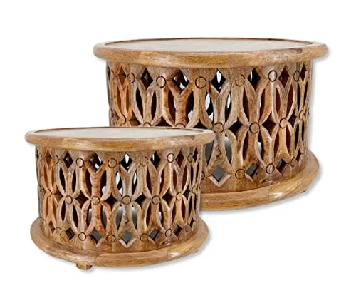 DARO DEKO Holz Couchtisch rund natürlich braun Couch Beistelltisch Vintage Sofatisch 2er Set - Ø50cm und Ø60cm