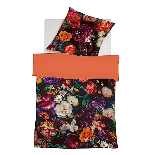 fleuresse Mako-Satin Bettwäsche 155x220 Blütenmeer schwarz Wende orange - Luxuriöses 2-teiliges Bettwäsche-Set aus 100% merzerisierter Baumwolle, mit elegantem Seidenfinish und hautsympathisch. Waschbar bis 60°C und trocknergeeignet - für erholsamen Schlaf.