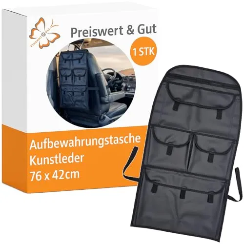 Preiswert&Gut Autositz Organizer 76 x 42 cm strukturiertem Kunstleder - Auto Organizer für Wohnmobile, LKWs KFZ auch passend für Transporter T5 und T6 - Befestigung Gummibänder
