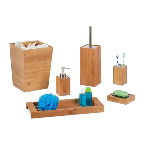 Bad Set 6er Set Badezimmer Garnitur - Badezimmerzubehör-Set aus feuchtigkeitsresistentem Bambus, rostfrei und ideal für ein stilvolles Bad. Enthält Abfalleimer, Bürstengarnitur und Zahnbürstenhalter.