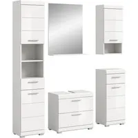 Badmöbel-Set SCHLOONSEE 5-teilig - Komplett-Badkombination mit Hochschrank, Spiegel, Unterschrank und Hängeschrank, pflegeleichte MDF-Front in elegantem Weiß, ideal für stilvolle Bäder.