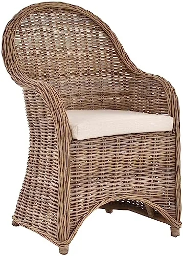 Moderner Esszimmer-Sessel aus Rattan mit Sitzkissen - Esszimmerstühle im Kolonialstil, handgefertigt aus ungeschältem Natur-Rattan. Bequemer Flechtsessel mit hochwertigem Sitzkissen, ideal für Küche, Flur und Schlafzimmer.