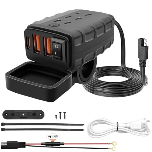 Giantdeer Motorrad Steckdose Wasserdicht, SAE-AN-USB Motorradsteckdose,2 USB+1 Type-C, Motorrad Telefon Ladegerät mit Schalterfür DC12V-24V Elektro-Dreirad/Beach Bike, Handy/GPS+3 In 1 Ladekabel