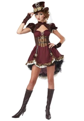 Steampunk Damenkostüm Bordeaux S (38/40) – Elegantes Outfit für Mottopartys - Das stilvolle Steampunk-Damenkostüm in Bordeaux kommt mit Kleid, Handschuhen, Hut und Brille. Ideal für Karneval und Mottopartys, überzeugt es durch die Kombination aus Leder-Optik und Rüschen für einen einzigartigen Look.
