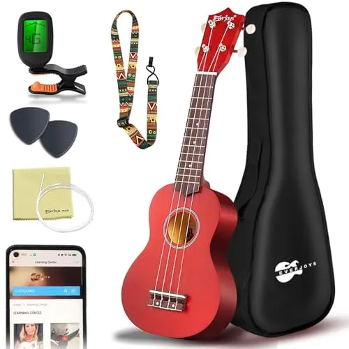 Everjoys Sopran Ukulele Set für Anfänger 21 Zoll Ukulele Starter Kit mit Kostenlose Online-Kurse, Tasche, Tuner, Saiten, Pick, Kleine Hawaii Gitarre Natur