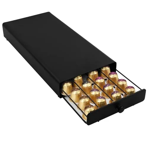 Volumoon Kaffee Kapselhalter Kompatibel mit 40 Nespresso, Schubladenbox zur Aufbewahrung von Nespresso, Metall Kapselschublade Kaffeekapselspender Kaffeepads Aufbewahrung, 37.5 x 17.5 x 4.5 cm