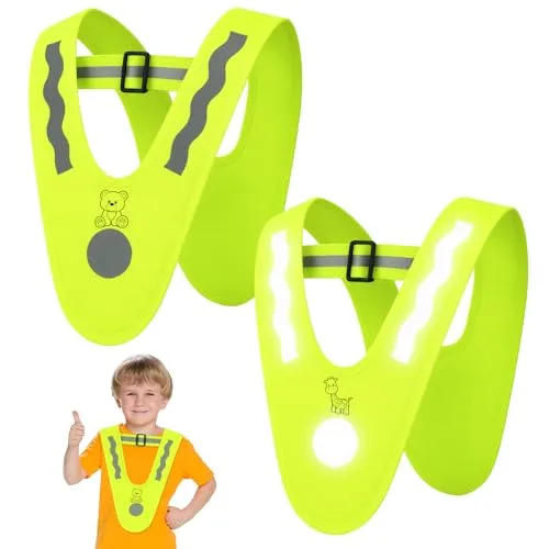 FZSECRIU Warnweste Kinder 2er-Set mit 4 Reflektorband 360 Grad Reflektierende V-Form,Warnweste Kinder 3-12 Jahre,Warnwesten Auto Kinder,Kinderwarnweste,Reflektorweste für Schulweg,Fahrrad,Laufen