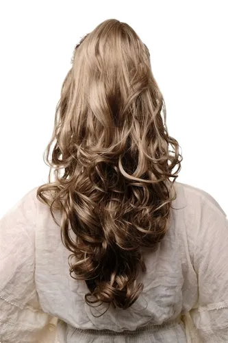 Haarteil Zopf Klammer hellbraun blond gesträhnt wellig voluminös 55cm TYQ2169