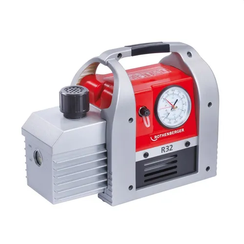 Rothenberger ROAIRVAC R32 6.0 Vakuumpumpe - Laborpumpen mit 4-poligem Motor für lange Lebensdauer, ideal für R32 Kältemittel. Integriertes Vakuummeter und Magnetrückschlagventil schützen den Kältekreislauf.